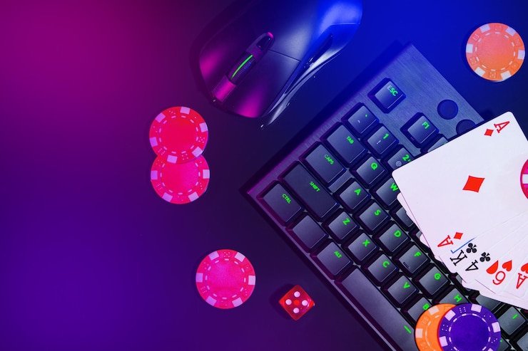 Pemain casino menikmati permainan slot digital dengan tampilan penuh warna dan neon